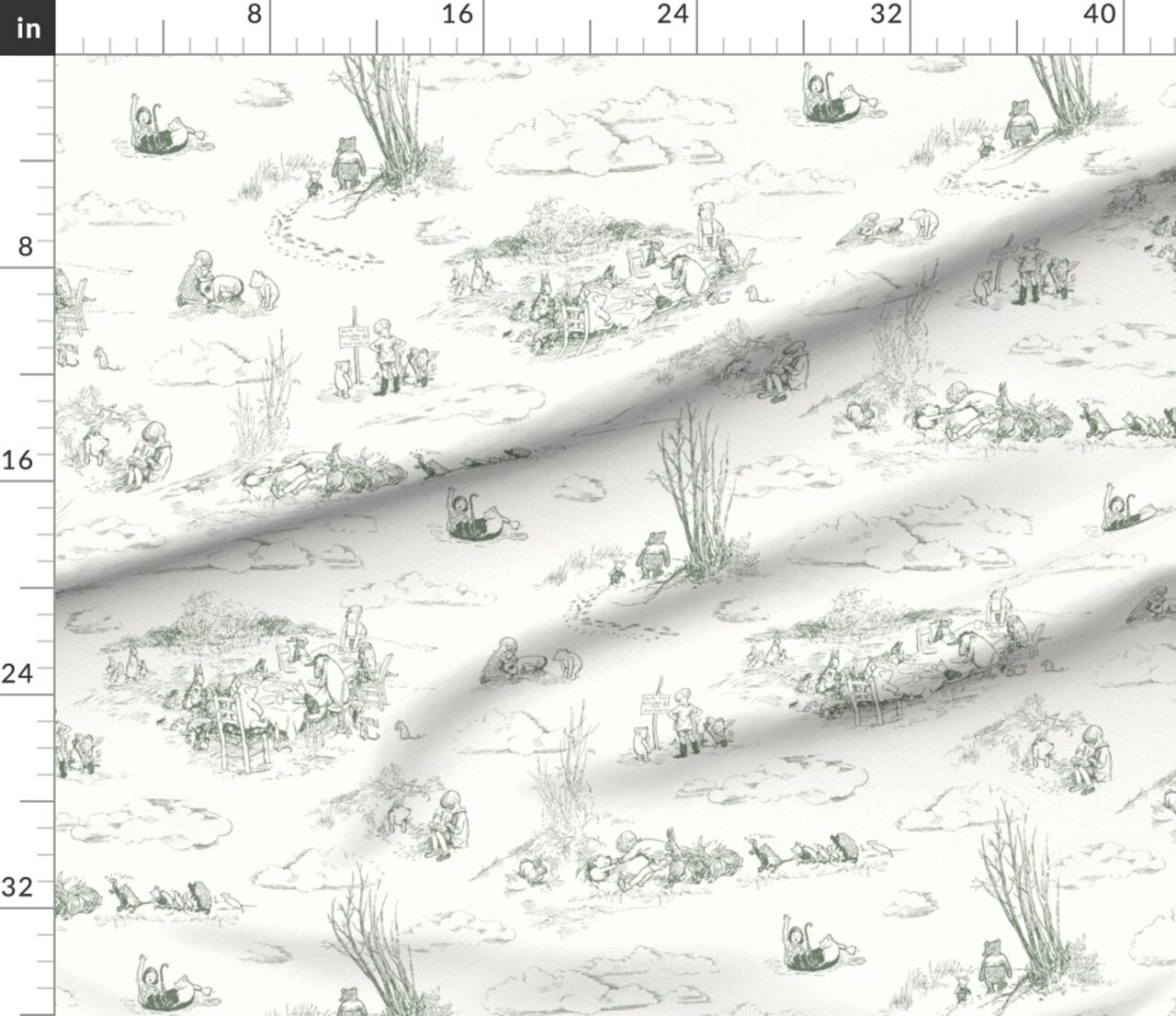 Dusty Green Winnie The Pooh Vintage Storybook Gender Neutral Baby Hundred Acre Woods Custom Printed Fabric by Spoonflower Various Fabrics by the Yard or Fat Quarter
